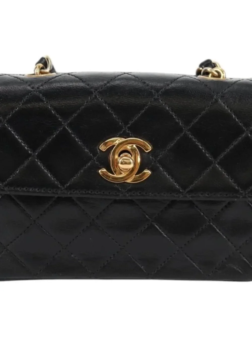 CHANEL Matelasse Chain Shoulder Bag Lamb Skin Black Gold CC Auth bs29080